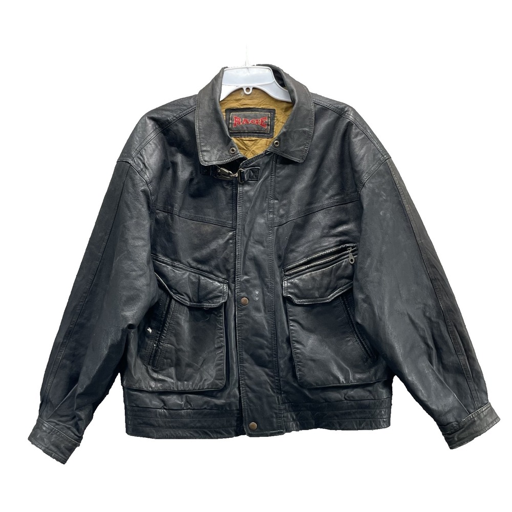 Rage 100% Leather Bomber Jacket Large Insulated Aviator Biker Retro Moto Y2K 90s
